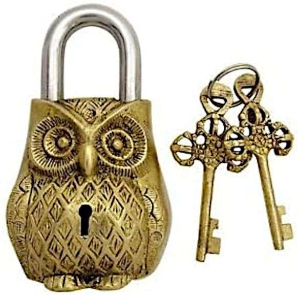 Antique Brass Owl Padlock with Keys