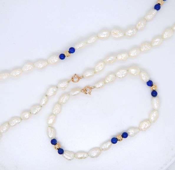 Set of Pearl bead and Lapis necklace and bracelet