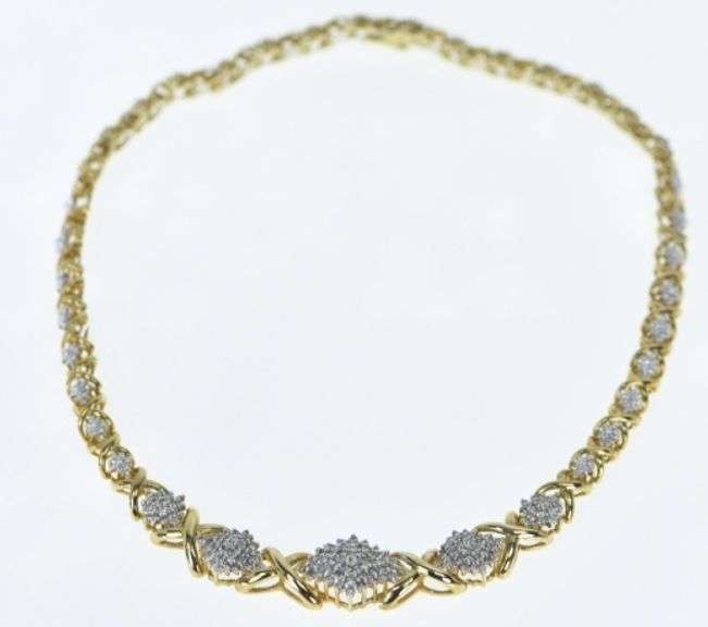10K Yellow Gold 3.00 Ctw Diamond Cluster Vintage X Link Necklace