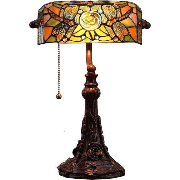 Dragonfly Tiffany Style Stained Glass Banker Desk Lamp