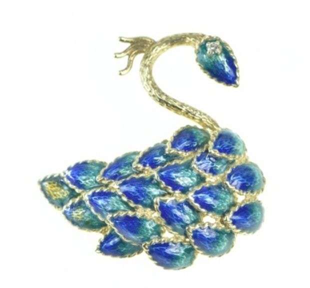 14K Yellow Gold Ornate Enamel Peacock Diamond Pin/Brooch