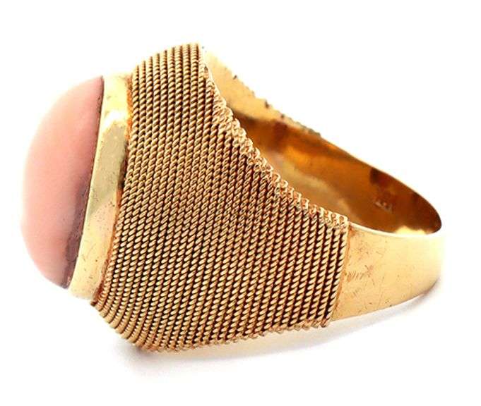 Oval Coral Cabochon Bezel Set Domed Ring in 18K