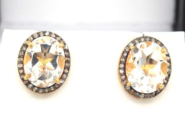 Bright Gold Plated Silver Earrings with Large Quartz and Diamond Accents
