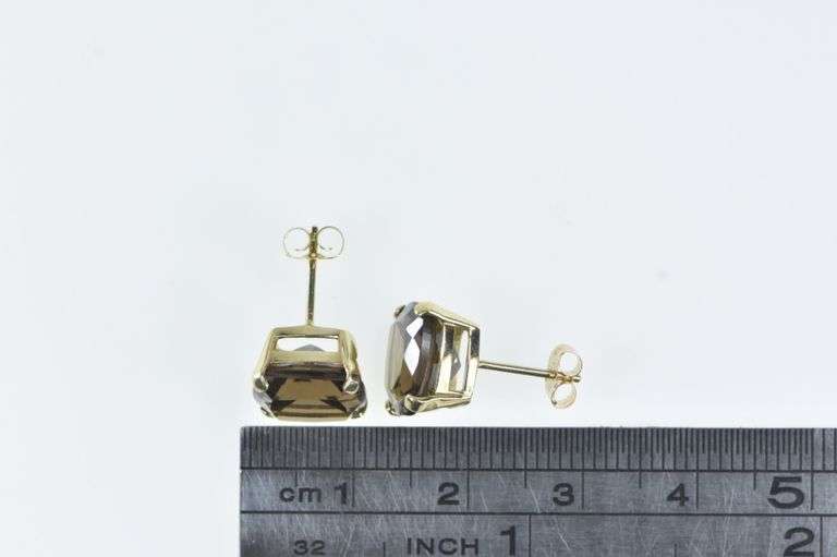 14K Yellow Gold Cushion Smoky Quartz Solitaire Stud Earrings