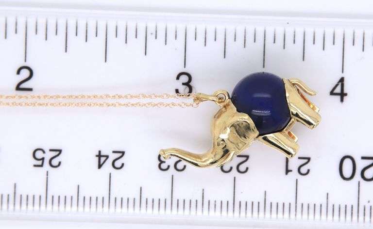 14kt Yellow gold Elephant lapis charm pendant on chain