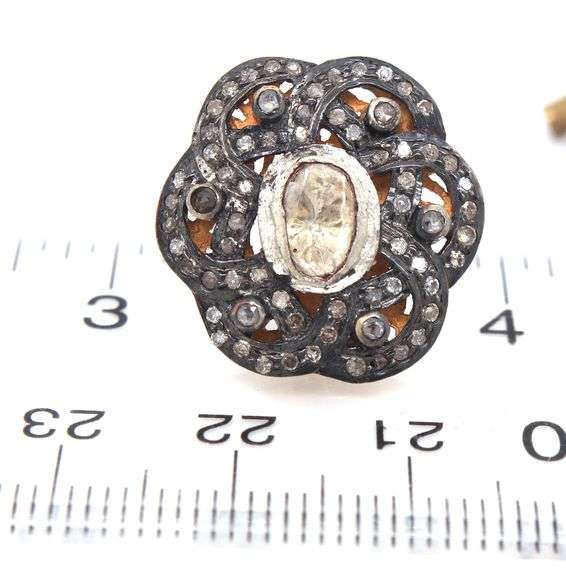 Intricate Rustic Floral Design Mine Cut Diamond Earrings with Dark Silver and Diamond Accents