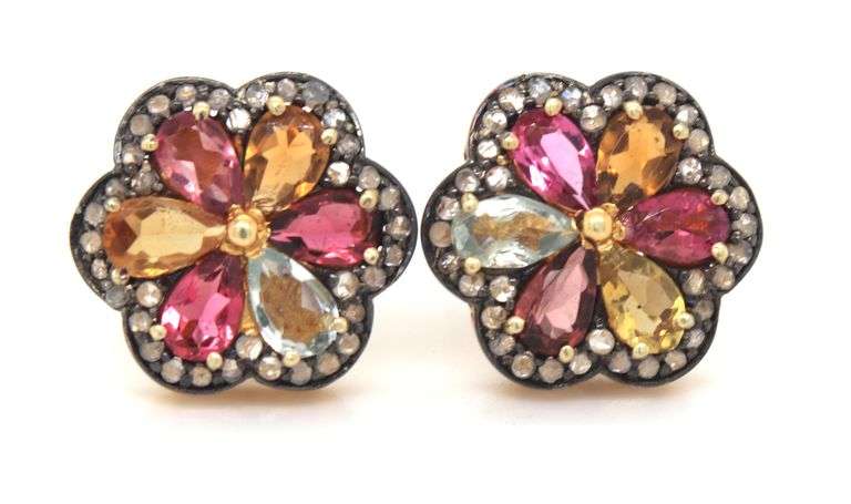 Stunning Polychromatic Petal Quartzes Silver Earrings with Diamond Accents