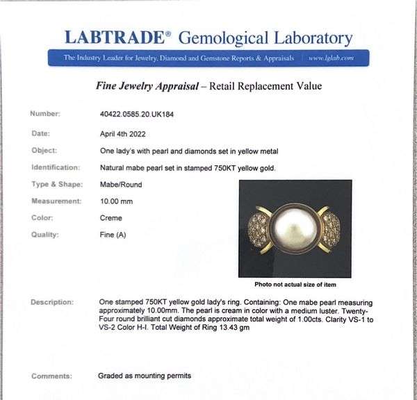 Very fine quality Mabe Pearl Ring with Diamond crusted 18k Gold