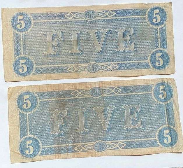 2 Red Feb 17 1864 $5 Confederate States Note.