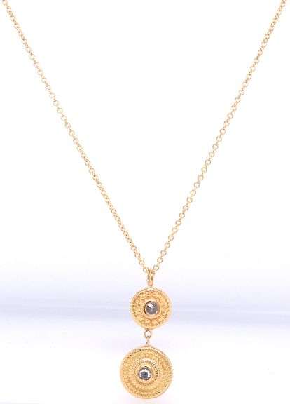 18kt Yellow gold rose cut diamond double disc pendant on chain necklace