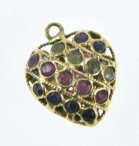 21K Yellow Gold Pave Sapphire Ruby Peridot Heart Charm/Pendant