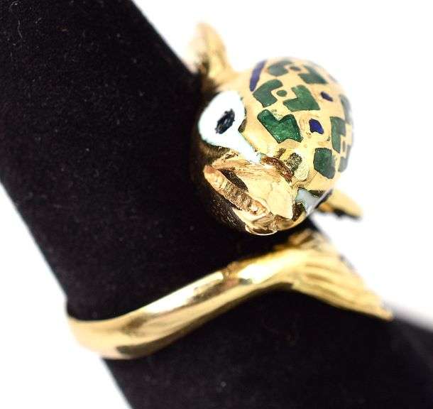 Fantastic 18K Yellow Gold Enamel Dolphin Wrap Ring
