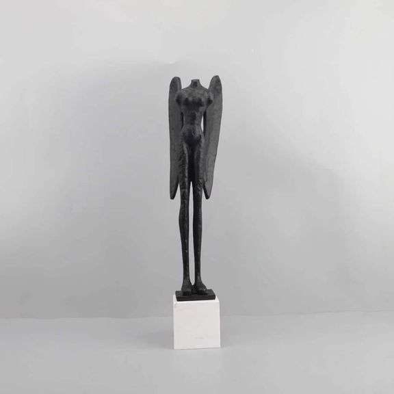 Museum Display Metal Headless Angel Statue on White Pedestal