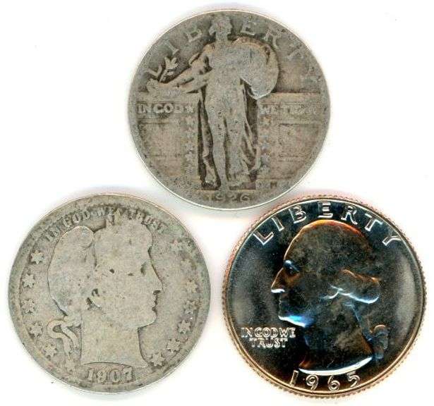 Three Different Types of US Quarters: 1907-O, 1926-S, & 1965