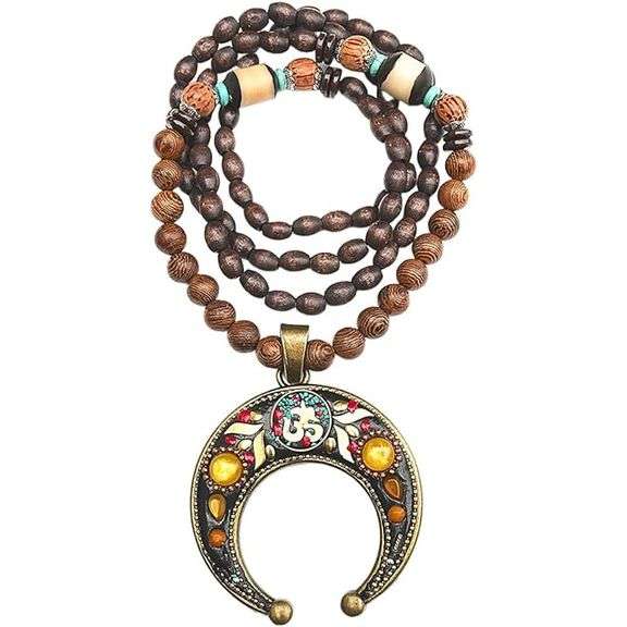 Bohemian Handcrafted Wood and Turquoise Beaded Necklace