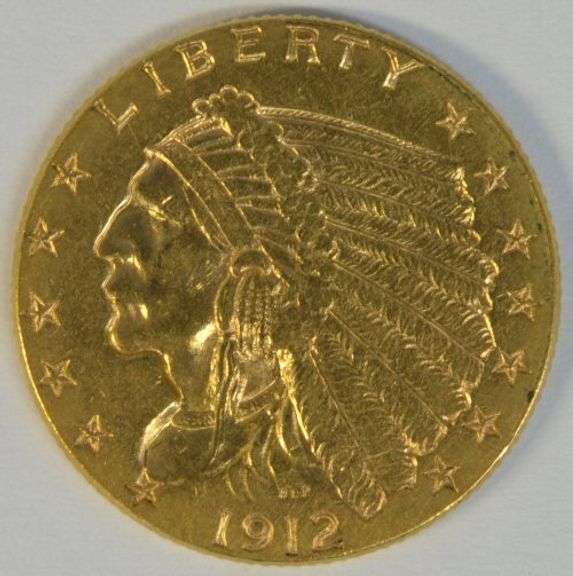 Bright-looking 1912 US $2.50 Indian Gold Piece. Nice