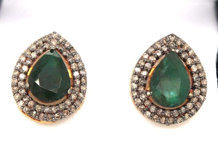 Glittering Teardrop Emerald Earrings with Gold Plated Silver and Diamond Accents
