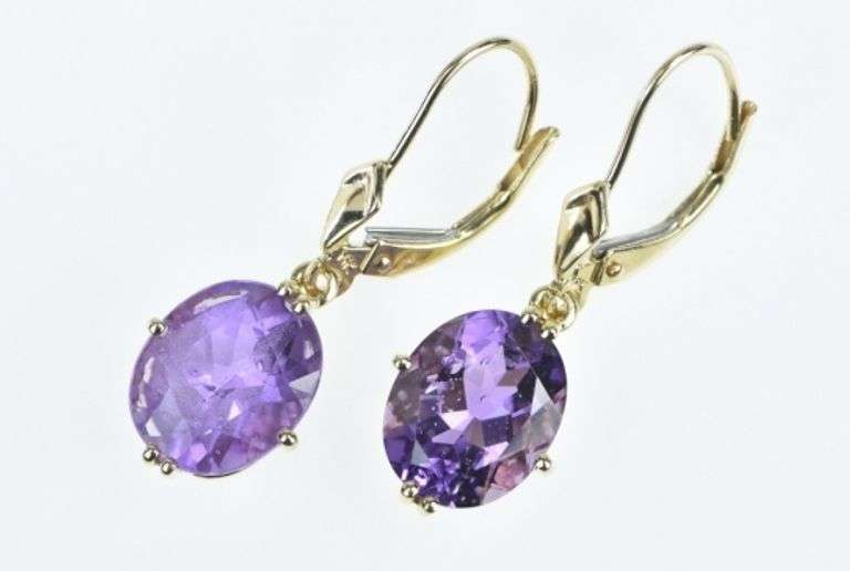 14K Yellow Gold Oval Amethyst Vintage Dangle Ornate Earrings