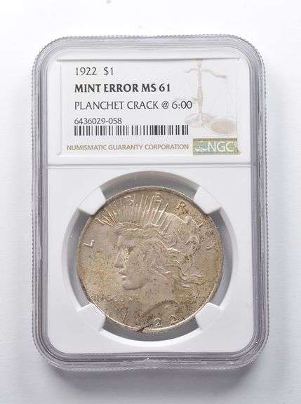 Error MS61 1922 Peace Silver Dollar Planchet Crack @ 6:00 NGC