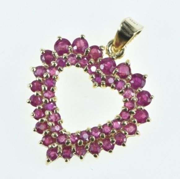 14K Yellow Gold Ruby Encrusted Vintage Heart Love Pendant