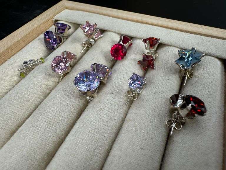 Sterling Silver CZ Earrings Lot of 10 Pairs Various Sizes and Styles