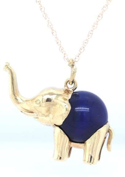 14kt Yellow gold Elephant lapis charm pendant on chain