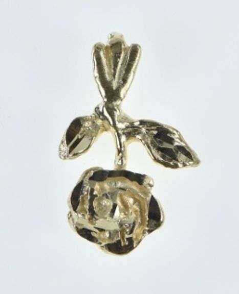 14K Yellow Gold Diamond Cut Rose Flower Romantic Pendant