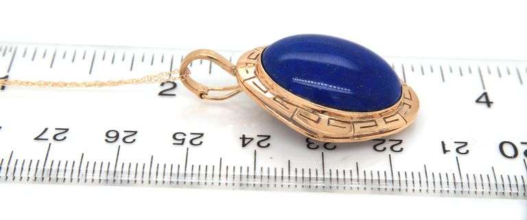 14kt Yellow gold Oval Lapis Greek key pendant on Rope chain necklace