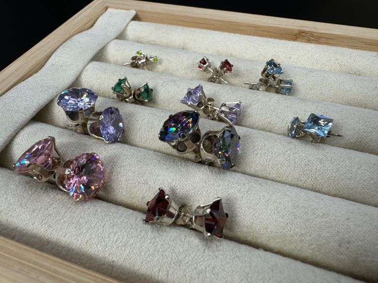 Sterling Silver CZ Earrings Lot of 10 Pairs Various Sizes and Styles