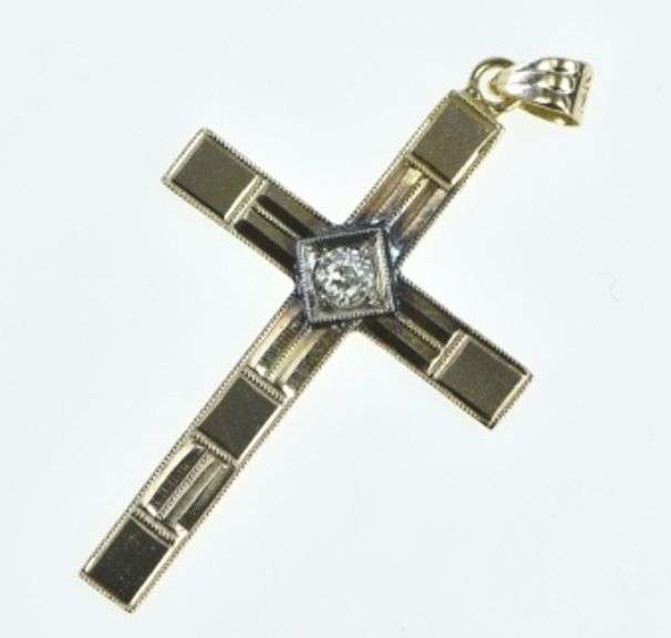 14K Yellow Gold 1930's Diamond Classic Cross Christian Pendant