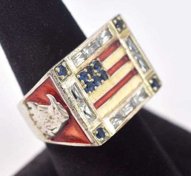 Blue Sapphire and CZ Gemstone American Flag Ring in Sterling Silver