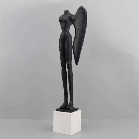 Museum Display Metal Headless Angel Statue on White Pedestal