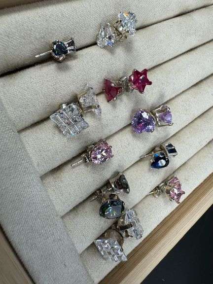 Sterling Silver CZ Earrings Lot of 10 Pairs Various Sizes and Styles