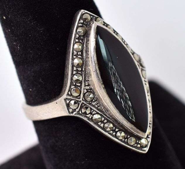 Black Onyx and Marcasite Gemstone Ring in Sterling Silver
