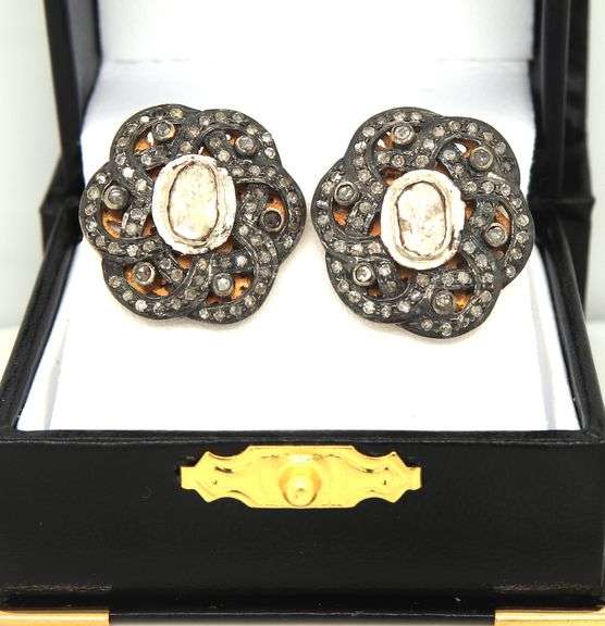 Intricate Rustic Floral Design Mine Cut Diamond Earrings with Dark Silver and Diamond Accents