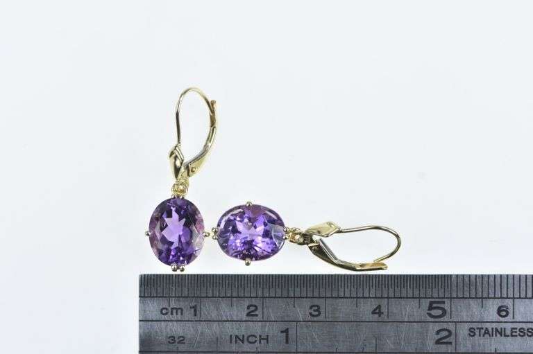 14K Yellow Gold Oval Amethyst Vintage Dangle Ornate Earrings