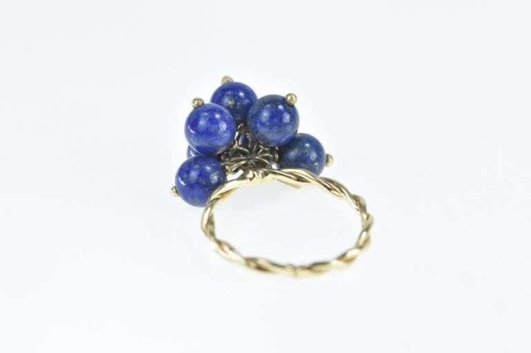 14K Yellow Gold Lapis Lazuli Ball Bead Tassel Fringe Charm Ring