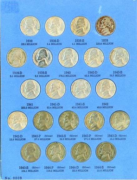 Album of 65 Jefferson Nickels 1938-1961-D w/War Nickels