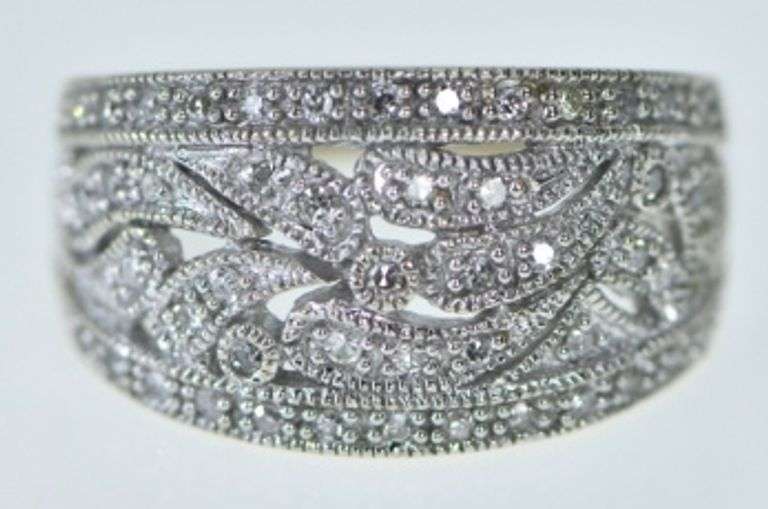 10K White Gold Pave Diamond Encrusted Swirl Band Ring