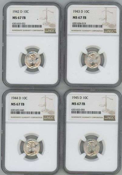 4 DIFF. OUTSTANDING SUPERB GEM BU NGC MS67FB GRADED MERCURY HEAD DIMES