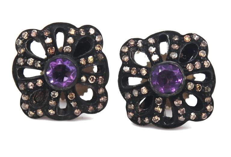 Enchanting Amethyst Earrings with Moody Dark Silver Backdrop and Diamond Accents