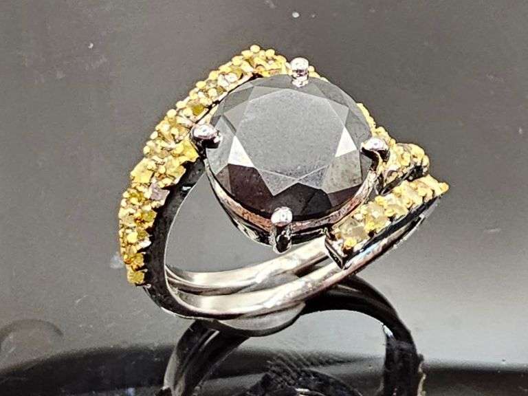 14 Kt White Gold Plated 4 Ct Black Moissanite and Natural Yellow Diamond Engagement Ring