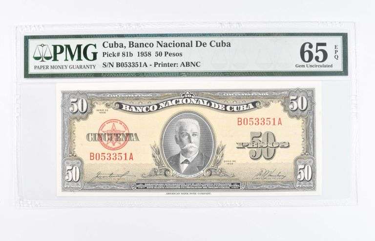 1958 50 Pesos National Bank Of Cuba Pick# 81b PMG 65 EPQ Gem UNC
