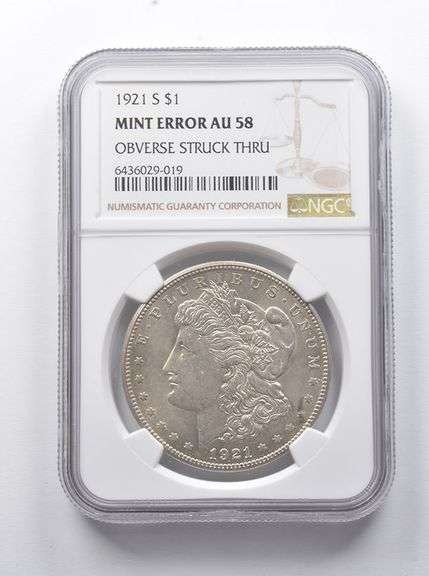 Error AU58 1921-S Morgan Silver Dollar OBV Struck Thru NGC