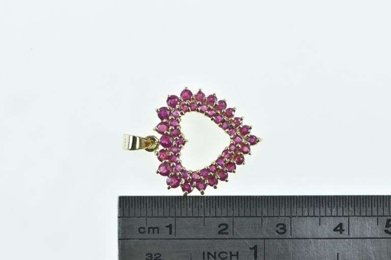 14K Yellow Gold Ruby Encrusted Vintage Heart Love Pendant