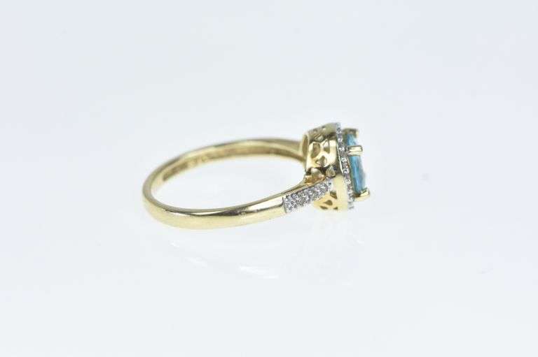 14K Yellow Gold Blue Topaz Diamond Halo Vintage Statement Ring