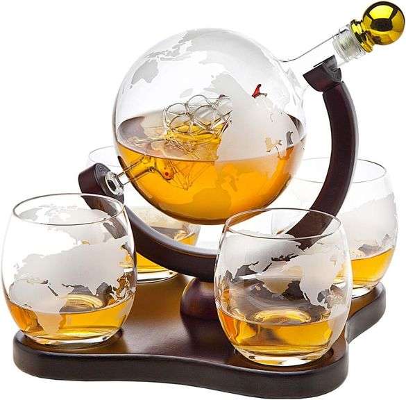 Hand Blown Whiskey Decanter Globe Set 4-Glasses