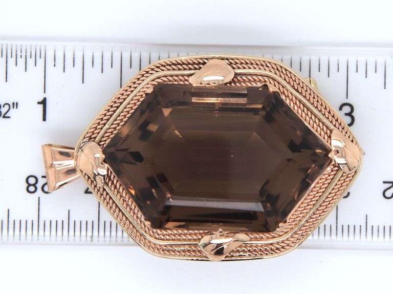 14kt Yellow gold Hexagon Smokey quartz Twisted rope brooch pendant