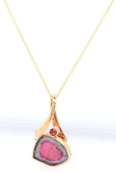 14kt Yellow gold watermelon Tourmaline freeform pendant on chain necklace