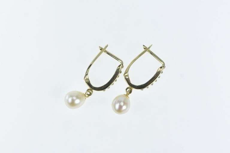 14K Yellow Gold Vintage Oval Resin Dotted Pearl Hoop Earrings